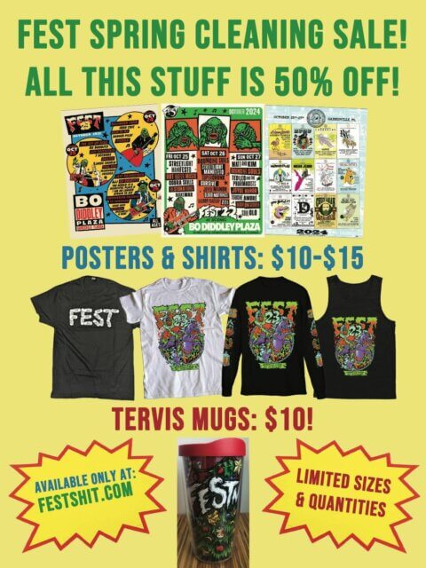 Fest Mailorder Merch preview. 50% off items, discounts include posters, shirts, and mugs!